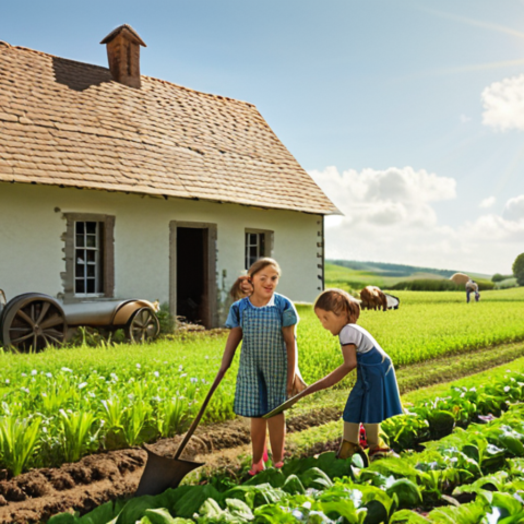 A family working together in a lush green field, sowing seeds and watering plants with a quaint farmhouse in the background, under a bright sunny sky. Focus on the joyful expressions of the children and parents as they experience the pleasures of farming.