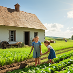 A family working together in a lush green field, sowing seeds and watering plants with a quaint farmhouse in the background, under a bright sunny sky. Focus on the joyful expressions of the children and parents as they experience the pleasures of farming.