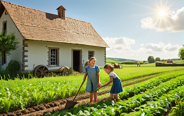 A family working together in a lush green field, sowing seeds and watering plants with a quaint farmhouse in the background, under a bright sunny sky. Focus on the joyful expressions of the children and parents as they experience the pleasures of farming.
