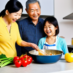 A heartwarming scene in a modern, bright kitchen. An elderly Chinese couple and their adult child are happily cooking together. The kitchen is clean and well-organized, with fresh, colorful vegetables and lean proteins visible on the counter. The adult child is guiding the parents with a smile, perhaps demonstrating a healthy cooking technique like steaming or stir-frying with minimal oil. There's a sense of shared purpose, love, and intergenerational bonding, emphasizing the joy of health-focused cooking as a family. The atmosphere is warm, inviting, and filled with a feeling of "the kitchen as the best pharmacy."
