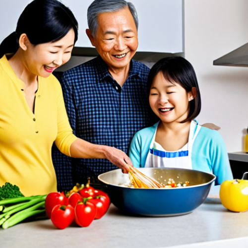 A heartwarming scene in a modern, bright kitchen. An elderly Chinese couple and their adult child are happily cooking together. The kitchen is clean and well-organized, with fresh, colorful vegetables and lean proteins visible on the counter. The adult child is guiding the parents with a smile, perhaps demonstrating a healthy cooking technique like steaming or stir-frying with minimal oil. There's a sense of shared purpose, love, and intergenerational bonding, emphasizing the joy of health-focused cooking as a family. The atmosphere is warm, inviting, and filled with a feeling of "the kitchen as the best pharmacy."