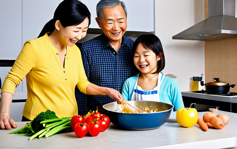 A heartwarming scene in a modern, bright kitchen. An elderly Chinese couple and their adult child are happily cooking together. The kitchen is clean and well-organized, with fresh, colorful vegetables and lean proteins visible on the counter. The adult child is guiding the parents with a smile, perhaps demonstrating a healthy cooking technique like steaming or stir-frying with minimal oil. There's a sense of shared purpose, love, and intergenerational bonding, emphasizing the joy of health-focused cooking as a family. The atmosphere is warm, inviting, and filled with a feeling of "the kitchen as the best pharmacy."
