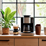 **Prompt 1: A Cozy Home Coffee Nook bathed in natural light.**
    A beautifully arranged, personal coffee station by a sunlit window in a modern home. Essential coffee equipment like a sleek espresso machine, a grinder, and a pour-over kettle are neatly organized on a wooden counter. Small, vibrant green plants and a few coffee-themed postcards or unique mugs add a touch of warmth and personality. The overall atmosphere is inviting, serene, and functional, blending seamlessly into the home's living or kitchen space, suggesting a beloved spot for daily rituals and family connection.
