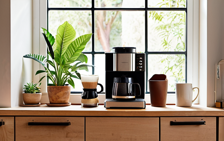 **Prompt 1: A Cozy Home Coffee Nook bathed in natural light.**
    A beautifully arranged, personal coffee station by a sunlit window in a modern home. Essential coffee equipment like a sleek espresso machine, a grinder, and a pour-over kettle are neatly organized on a wooden counter. Small, vibrant green plants and a few coffee-themed postcards or unique mugs add a touch of warmth and personality. The overall atmosphere is inviting, serene, and functional, blending seamlessly into the home's living or kitchen space, suggesting a beloved spot for daily rituals and family connection.