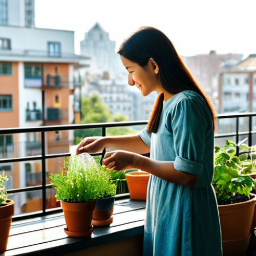 A family-friendly scene featuring a mother and her young child, both in modest, comfortable clothing and appropriate attire, joyfully tending to a small urban garden on a sunlit balcony. They are watering potted herbs and small vegetables, surrounded by various plants in different containers, some hanging. A soft blur of city buildings is in the distant background. The pose is natural, showcasing perfect anatomy, correct proportions, well-formed hands, and proper finger count. This image is safe for work, appropriate content, and fully clothed, depicted with professional photography quality and natural lighting.