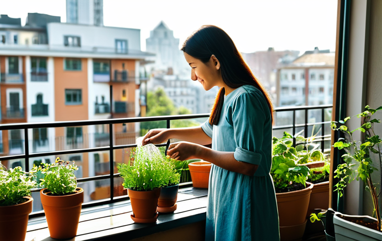 A family-friendly scene featuring a mother and her young child, both in modest, comfortable clothing and appropriate attire, joyfully tending to a small urban garden on a sunlit balcony. They are watering potted herbs and small vegetables, surrounded by various plants in different containers, some hanging. A soft blur of city buildings is in the distant background. The pose is natural, showcasing perfect anatomy, correct proportions, well-formed hands, and proper finger count. This image is safe for work, appropriate content, and fully clothed, depicted with professional photography quality and natural lighting.