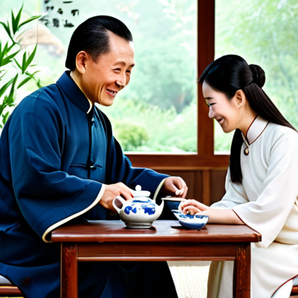 **

A serene tea room scene. A family (mother, father, and child) are seated at a low wooden table, enjoying a tea ceremony. The mother, dressed in a modest, elegant cheongsam, is pouring tea. The father, in a traditional Chinese jacket, smiles warmly.  The child, in a simple, comfortable outfit, watches with fascination.  The room is decorated with calligraphy scrolls and bamboo plants.  Soft, natural lighting fills the space.  "Safe for work", "appropriate content", "fully clothed", "professional", "modest", "family-friendly", "perfect anatomy", "correct proportions", "natural pose", "well-formed hands", "proper finger count", "natural body proportions".

**
