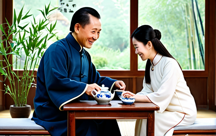 **

A serene tea room scene. A family (mother, father, and child) are seated at a low wooden table, enjoying a tea ceremony. The mother, dressed in a modest, elegant cheongsam, is pouring tea. The father, in a traditional Chinese jacket, smiles warmly.  The child, in a simple, comfortable outfit, watches with fascination.  The room is decorated with calligraphy scrolls and bamboo plants.  Soft, natural lighting fills the space.  "Safe for work", "appropriate content", "fully clothed", "professional", "modest", "family-friendly", "perfect anatomy", "correct proportions", "natural pose", "well-formed hands", "proper finger count", "natural body proportions".

**