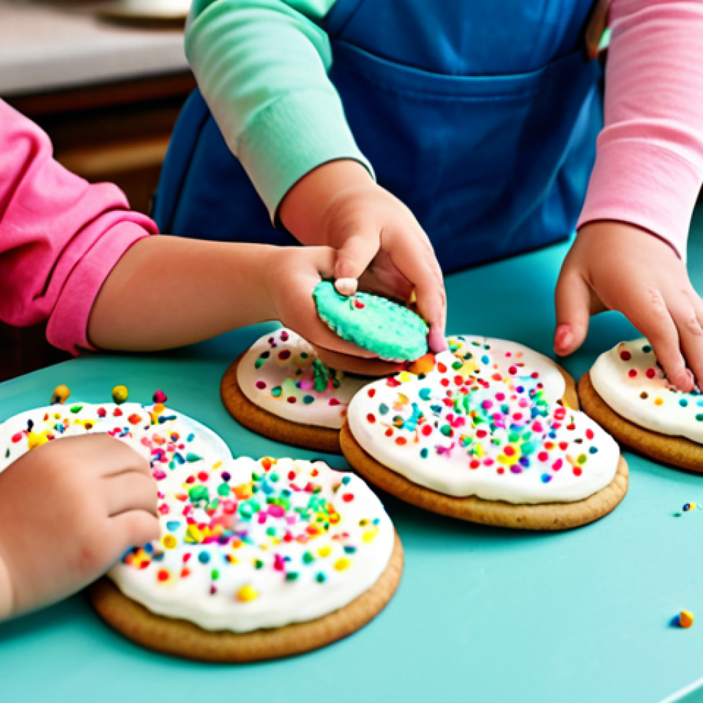 아이와 함께하는 홈카페 체험 - Kids Decorating Cookies**

"A bright, family-friendly scene in a cozy cafe setting, several children...