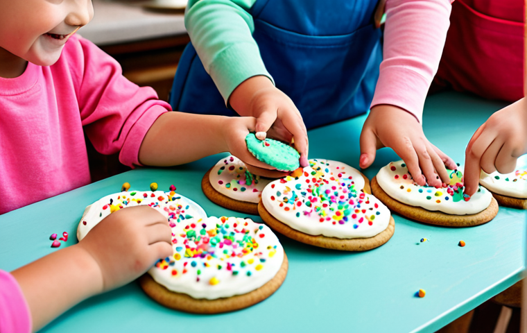 아이와 함께하는 홈카페 체험 - Kids Decorating Cookies**

"A bright, family-friendly scene in a cozy cafe setting, several children...