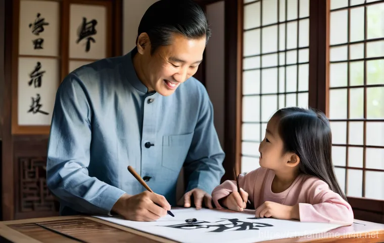 가족과 함께하는 캘리그래피 클래스 - **Prompt 1: Family Harmony in Calligraphy**
    "A cozy, brightly lit home setting with a family of ...