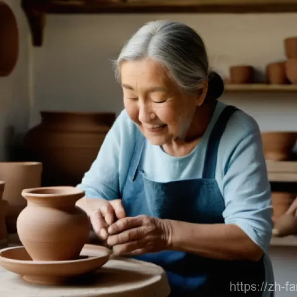 부모님과 함께하는 도자기 체험 - **"A heartwarming scene inside a bright, clean pottery workshop. An elderly mother, with a serene sm...