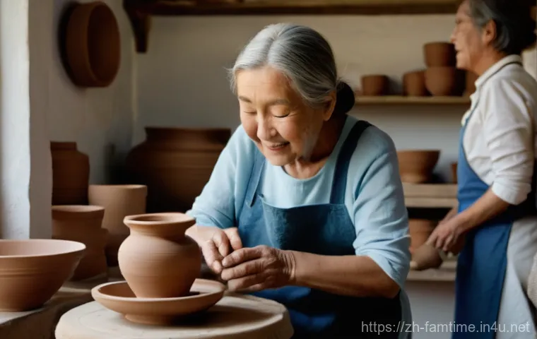 부모님과 함께하는 도자기 체험 - **"A heartwarming scene inside a bright, clean pottery workshop. An elderly mother, with a serene sm...