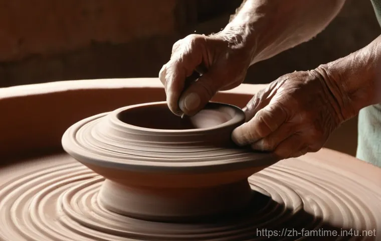 부모님과 함께하는 도자기 체험 - **"A heartwarming scene inside a bright, clean pottery workshop. An elderly mother, with a serene sm...
