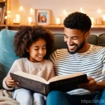 가족이 함께하는 테마별 독서 토론 - **Cozy Family Reading Nook:** A heartwarming scene of a diverse family (two parents, a boy aged 7, a...