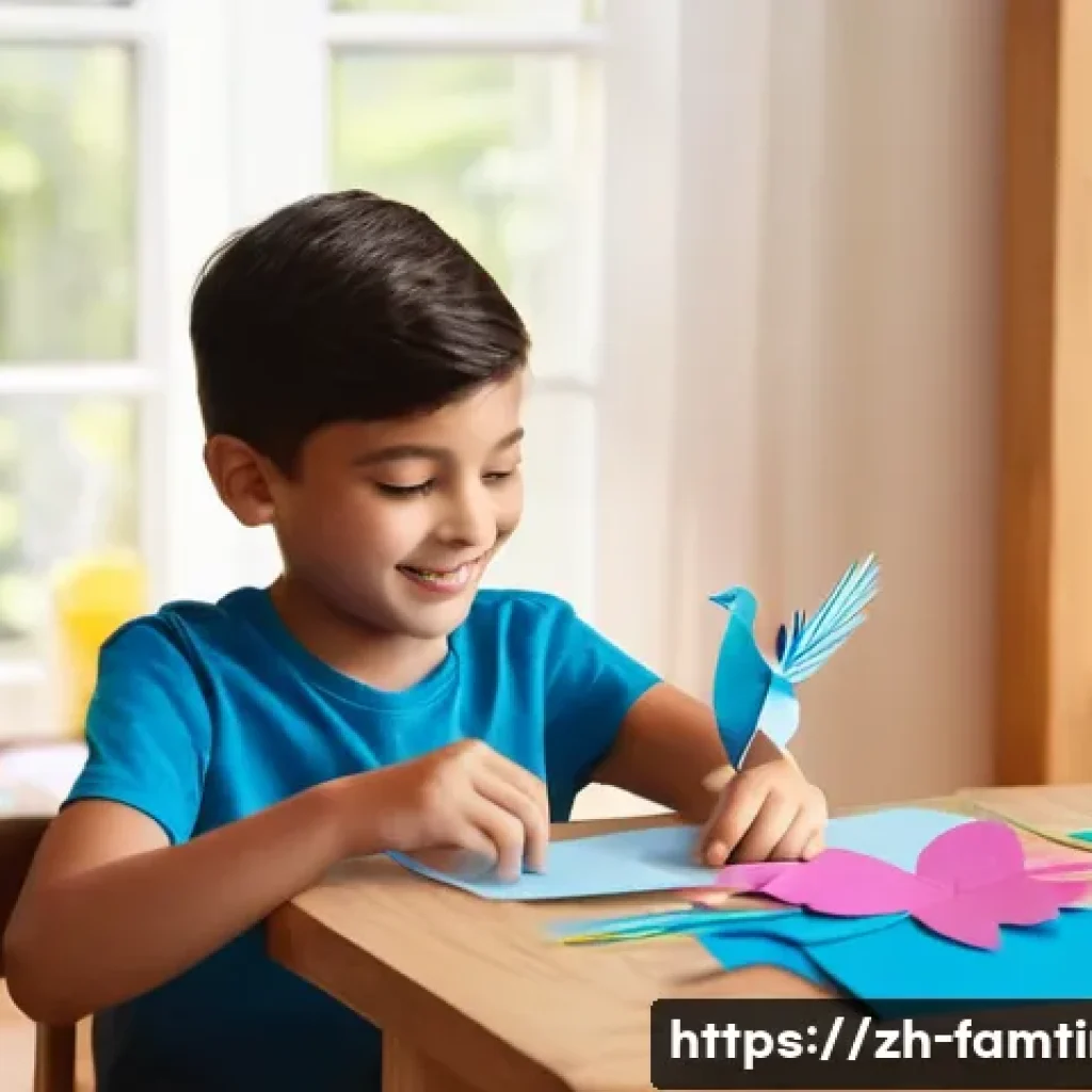 아이와 함께하는 페이퍼 크래프트 - A warm, inviting scene of a mother and her young son (around 7 years old), both fully clothed in cas...