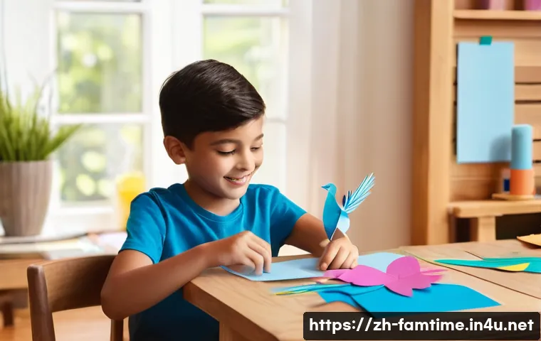 아이와 함께하는 페이퍼 크래프트 - A warm, inviting scene of a mother and her young son (around 7 years old), both fully clothed in cas...