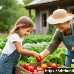 가족과 함께하는 전원생활 체험 - **Prompt:** A heartwarming scene featuring a family in a vibrant rural vegetable garden. Two childre...