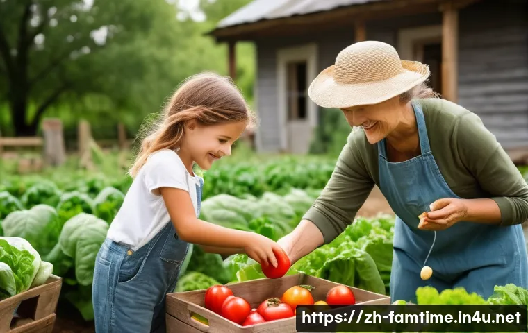 가족과 함께하는 전원생활 체험 - **Prompt:** A heartwarming scene featuring a family in a vibrant rural vegetable garden. Two childre...