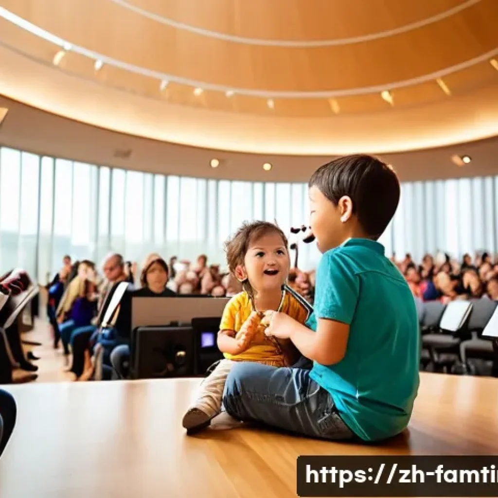 아이와 함께하는 오케스트라 감상 - A cheerful family scene at a weekend afternoon children's symphony concert in a modern concert hall,...