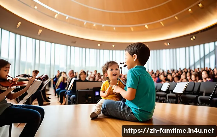 아이와 함께하는 오케스트라 감상 - A cheerful family scene at a weekend afternoon children's symphony concert in a modern concert hall,...