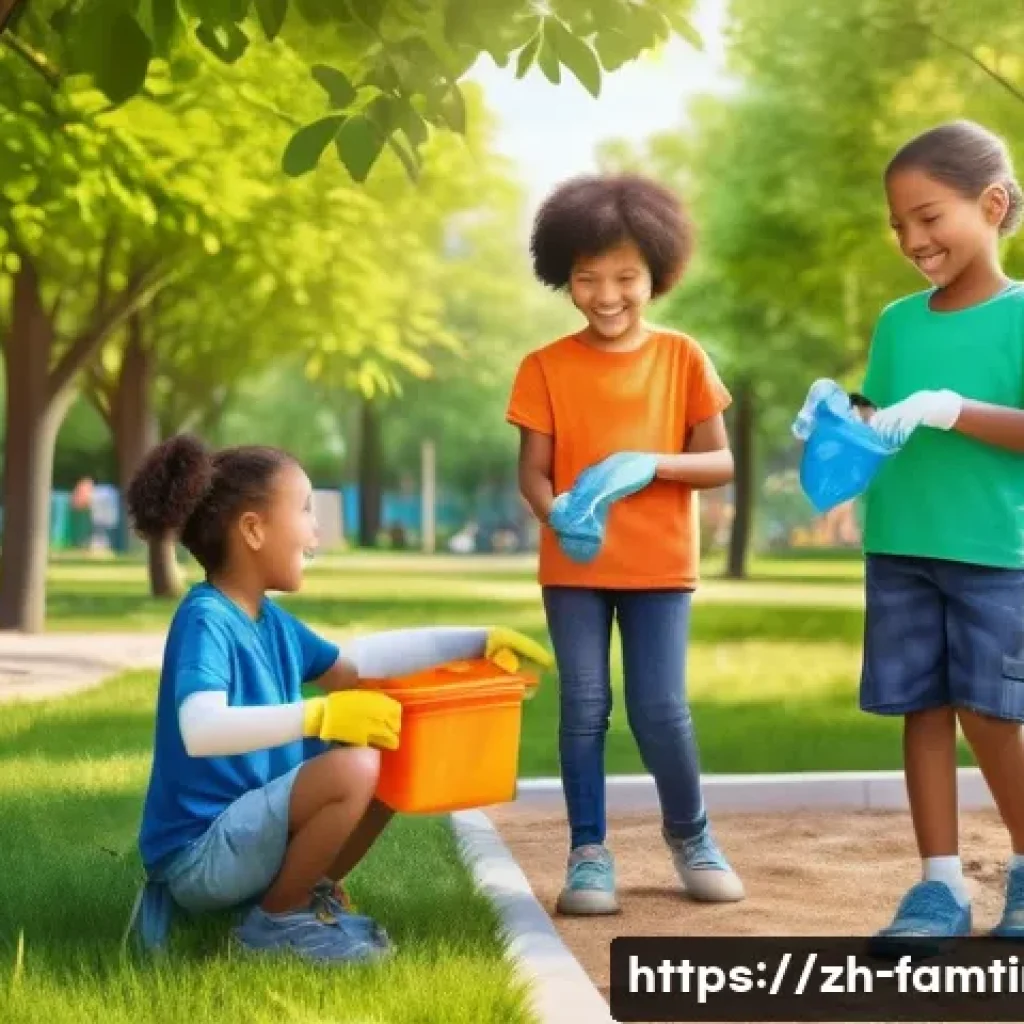 가족과 할 수 있는 봉사활동 - A warm, sunny community park scene showing a diverse family of four—parents and two children aged ar...