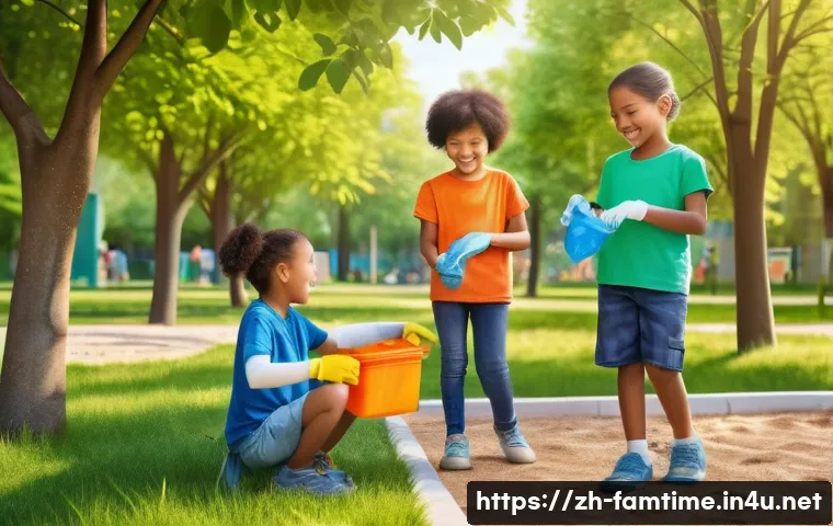 가족과 할 수 있는 봉사활동 - A warm, sunny community park scene showing a diverse family of four&mdash;parents and two children aged ar...