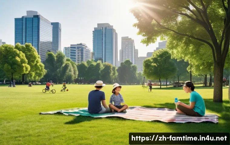 가족과 함께하는 도심 속 피크닉 - A spacious urban park picnic scene during a sunny late afternoon, featuring a family with children p...