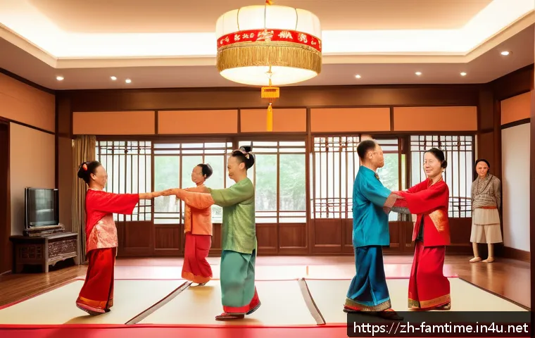 가족과 함께하는 전통 무용 배우기 - A joyful multigenerational Chinese family practicing traditional Yangko dance together in a spacious...