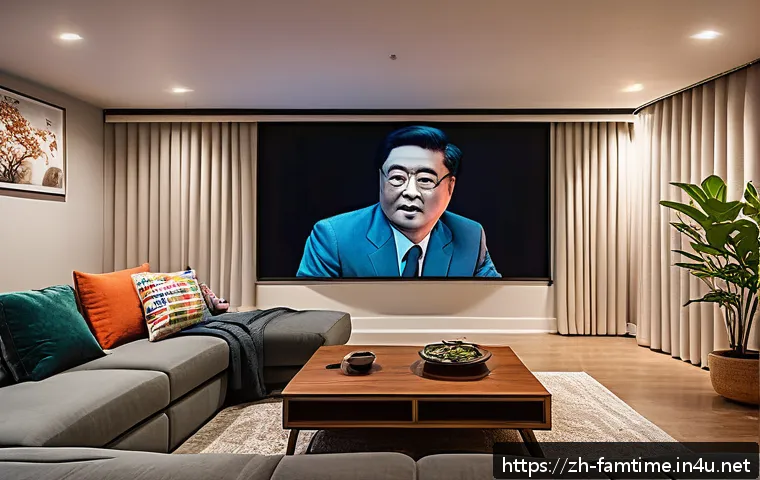 가족과 함께하는 해외 영화 감상 - A cozy modern home theater setup in a spacious living room with a large wall-mounted projector scree...