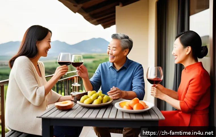부모님과 함께하는 와인 테이스팅 체험 - A cozy family gathering on a sunlit balcony with soft natural light and a gentle breeze, featuring a...