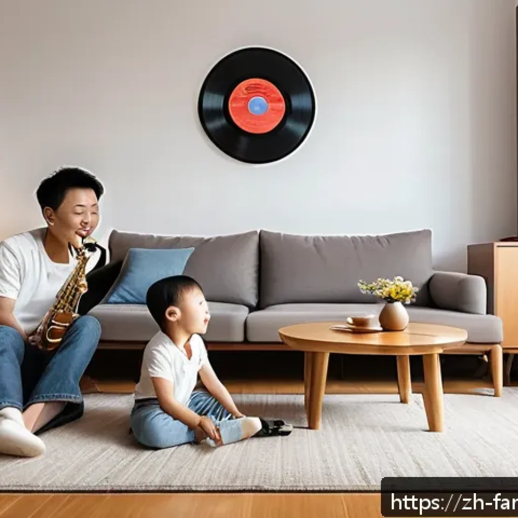 부모님과 함께하는 재즈 음악 감상 - A cozy family living room scene in a modern Chinese apartment, with warm soft lighting and elegant d...