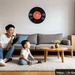부모님과 함께하는 재즈 음악 감상 - A cozy family living room scene in a modern Chinese apartment, with warm soft lighting and elegant d...