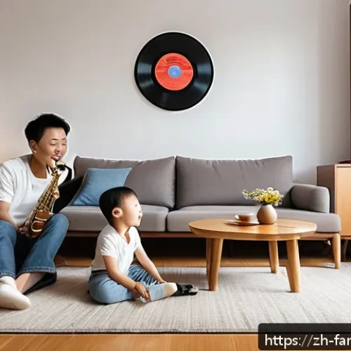 부모님과 함께하는 재즈 음악 감상 - A cozy family living room scene in a modern Chinese apartment, with warm soft lighting and elegant d...