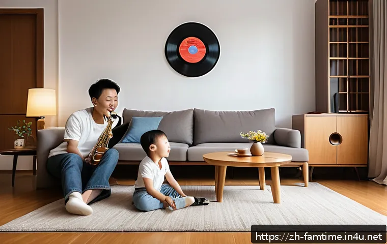 부모님과 함께하는 재즈 음악 감상 - A cozy family living room scene in a modern Chinese apartment, with warm soft lighting and elegant d...