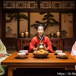 가족이 함께하는 사극 드라마 감상 - A warm family scene in a traditional Chinese living room during an ancient costume drama night: mult...