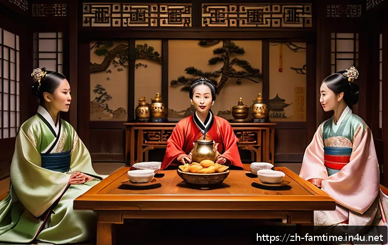 가족이 함께하는 사극 드라마 감상 - A warm family scene in a traditional Chinese living room during an ancient costume drama night: mult...