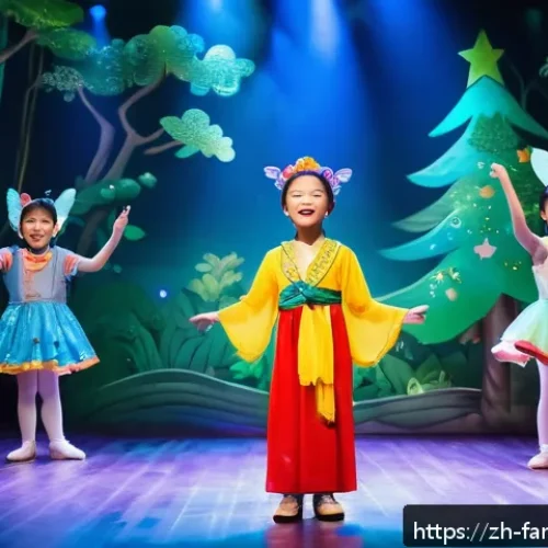 가족 뮤지컬 추천 - A lively immersive parent-child musical theater scene featuring children aged 4-10 wearing colorful ...