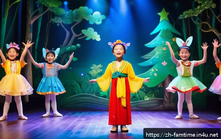 가족 뮤지컬 추천 - A lively immersive parent-child musical theater scene featuring children aged 4-10 wearing colorful ...