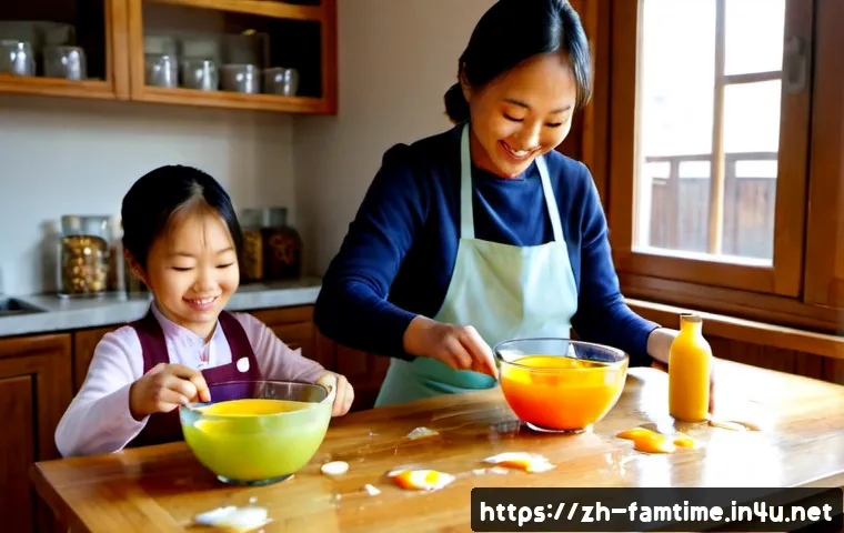 온 가족이 함께하는 DIY 캔들 만들기 - Photorealistic family DIY candle-making session at a bright wooden kitchen table, parents and two sc...