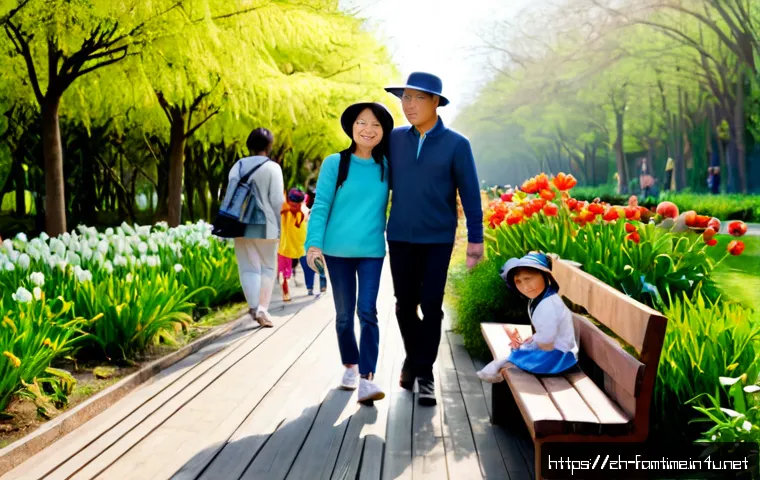 주말 가족 나들이 장소 - Photorealistic weekend family outing at a spacious urban botanical garden, parents and two school-ag...