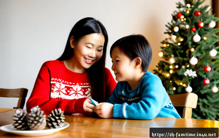 가족과 함께하는 DIY 크리스마스 장식 만들기 - Photorealistic family crafting handmade Christmas ornaments around a warm wooden dining table, paren...