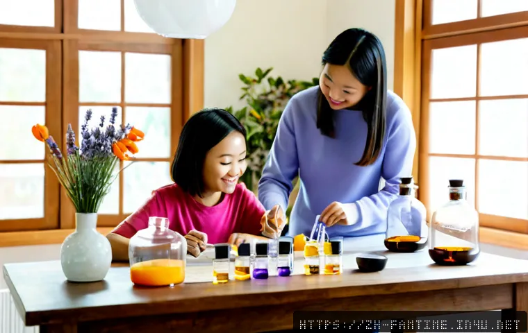 가족과 함께하는 향수 DIY - Photorealistic family fragrance DIY workshop at a bright home dining table, Chinese parents and two ...